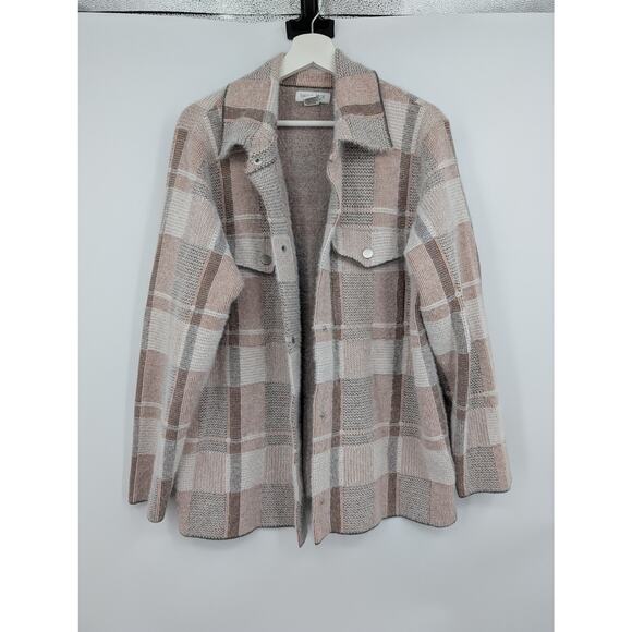 Rachel Zoe Plaid Shacket Pink Soft Fuzzy Button Front Cardigan Sweater 2X - Picture 1 of 7